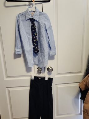 Cat & Jack Blue Gingham Shirt with Navy Tie and Black Pants